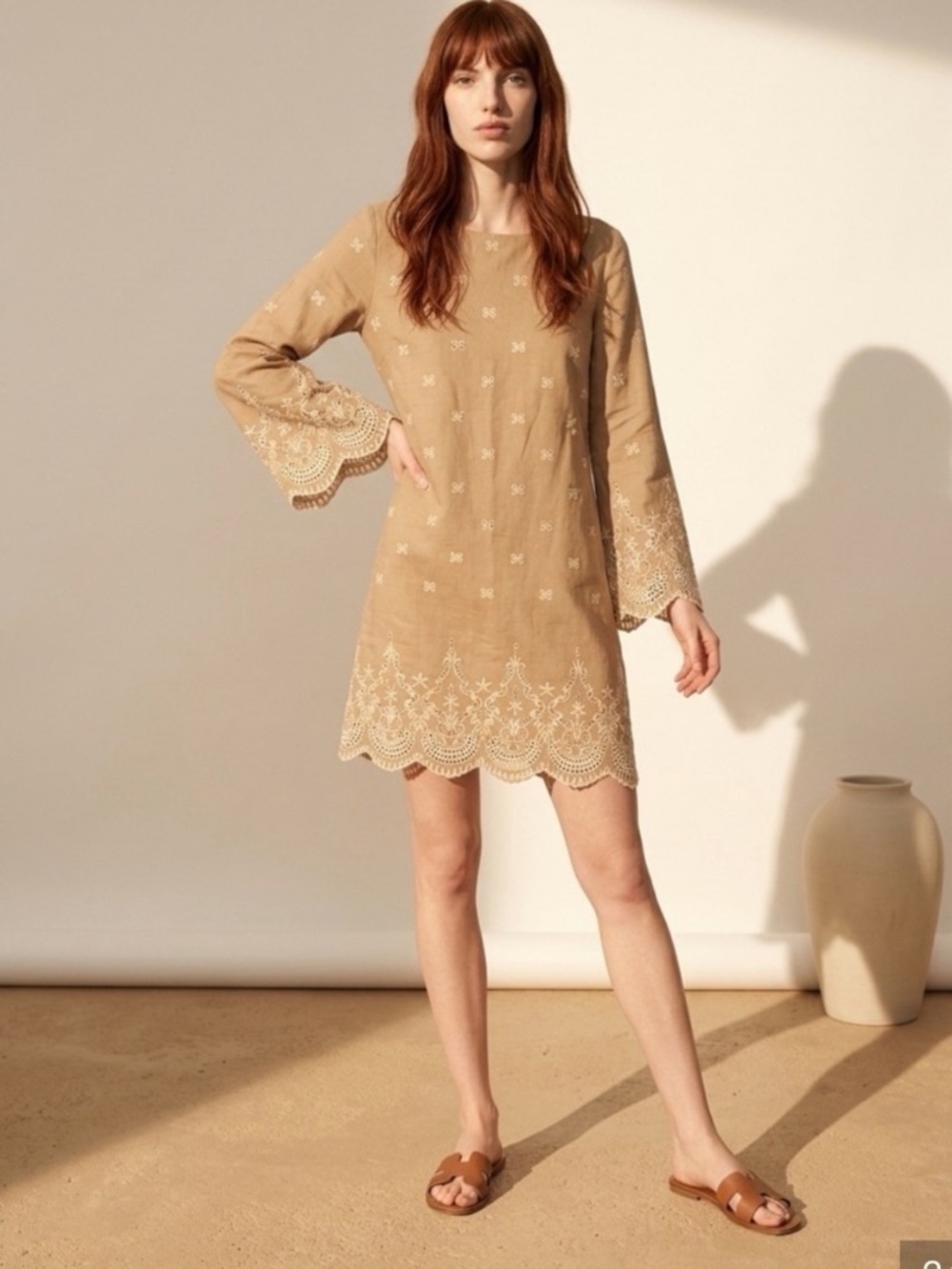 Sundance | Royal Beauty Beige And White Embroidered Shift Dress